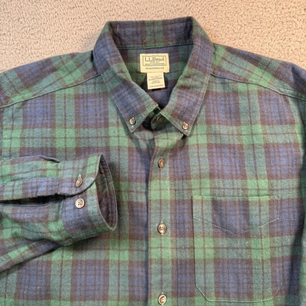 LL Bean Flannel Shirt Mens Large Traditional Fit Green Navy Plaid Button Down